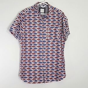 ZIPCODE Mens Blue & Brown Shark Print Short Sleeve Casual Button Up Shirt